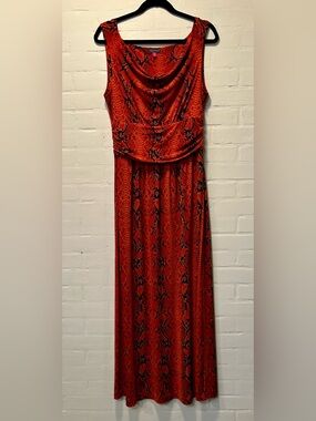Vince Camuto Orange Snake Print Maxi Dress Cowl Neck Sleeveless Stretch Size M